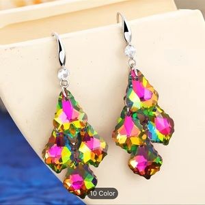 Purple green layered chandelier style crystals 925 sterling silver earrings